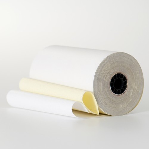 4 1/2" x 90' White/Canary 2 Ply Carbonless Paper (24 rolls/case)